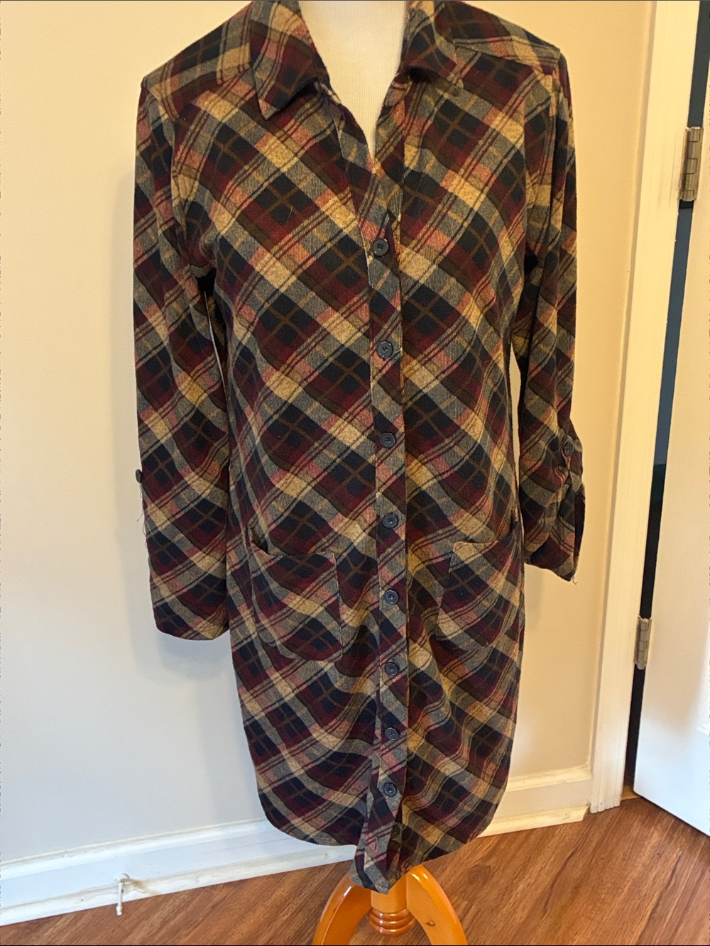 Simply Noelle Plaid Button-Front Long Sleeve Dress in Burgundy, Navy & Cream